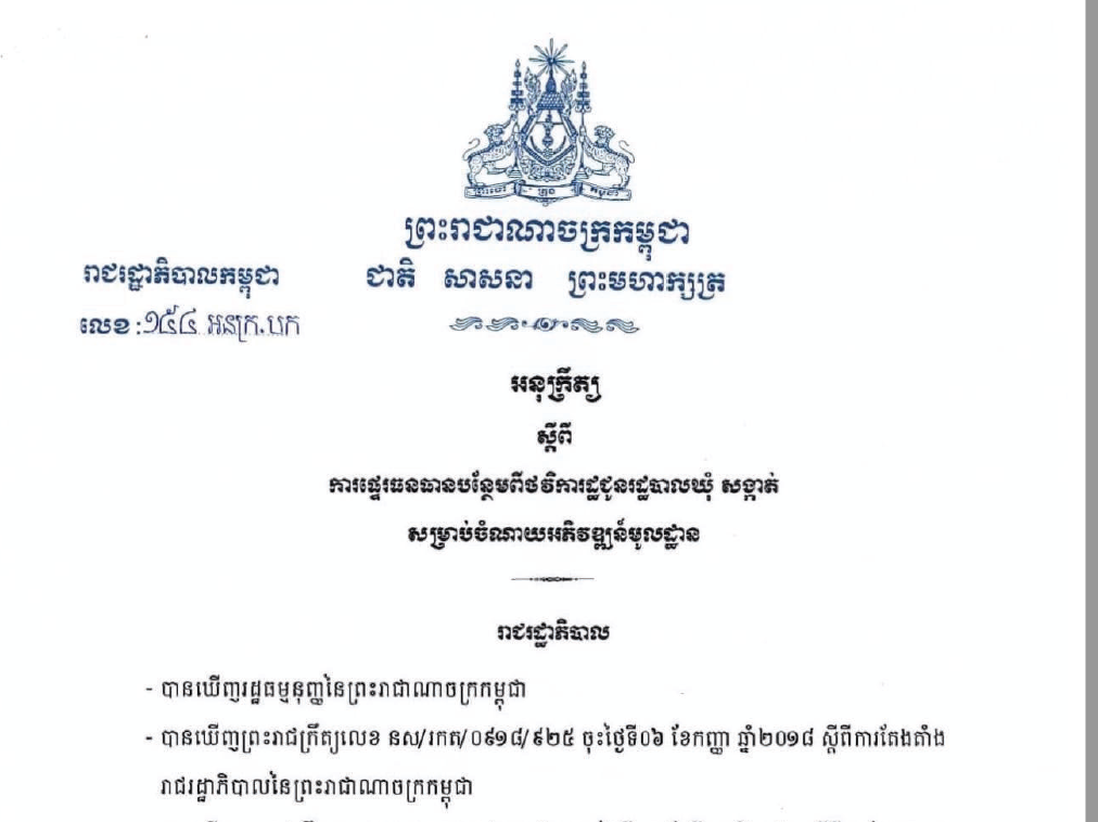 អនុក្រឹត្យលេខ ១៥៤ អនក្រ.បក ស្ដីពីការផ្ទេរធនធានបន្ថែមពីថវិការដ្ឋជូនរដ្ឋបាលឃុំ_សង្កាត់ សម្រាប់ចំណាយអភិវឌ្ឍន៍មូលដ្ឋាន